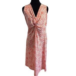 Nomadic Traders Sleeveless Midi Dress Size M Coral White Swirl Twist Front USA